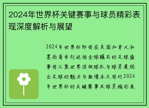 2024年世界杯关键赛事与球员精彩表现深度解析与展望